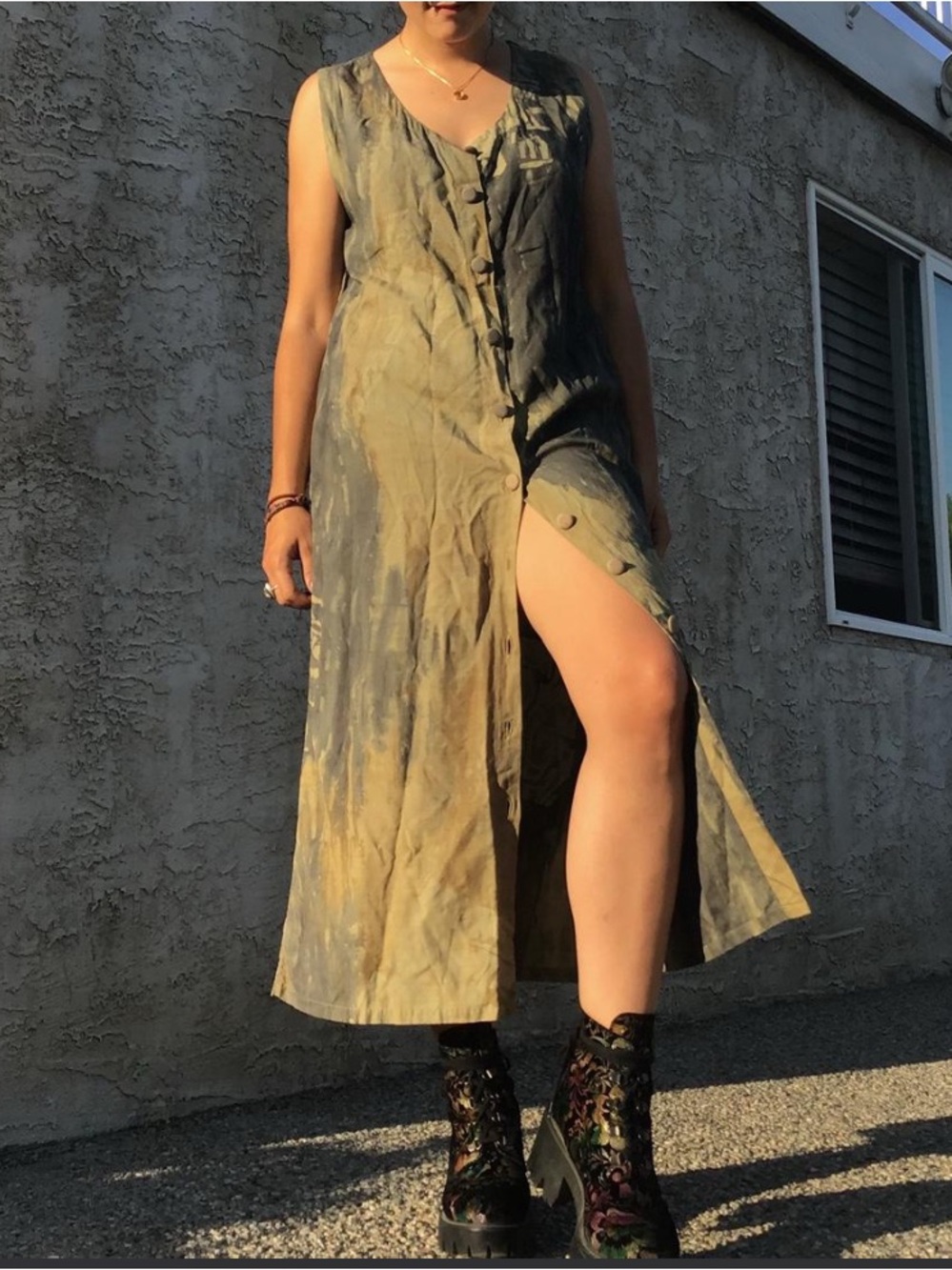 Sleeveless Button-Front Maxi Dress in Olive and Charcoal